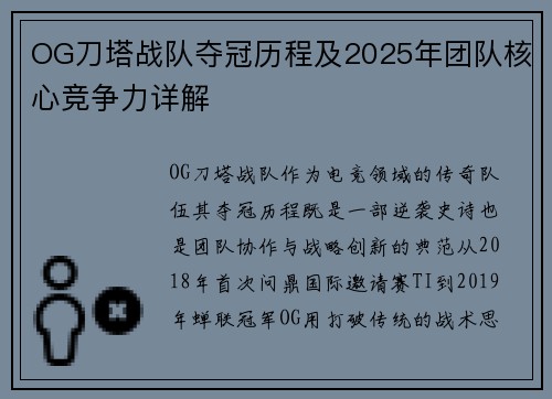 OG刀塔战队夺冠历程及2025年团队核心竞争力详解